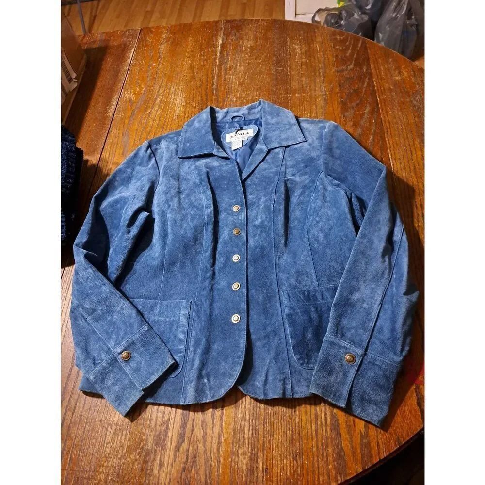 Medium A.M.I. Blue Suede Leather Lined Jacket Long Sleeve Snap Front w Pockets